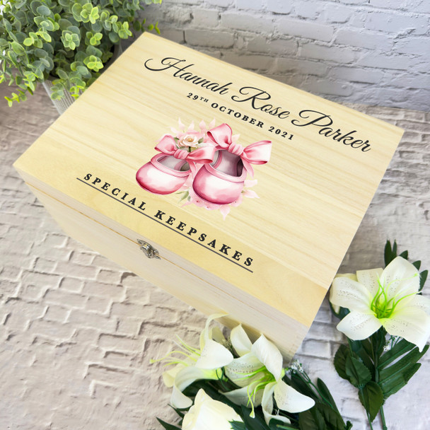 Floral Pink Baby Shoes Bow New Baby Personalised Wooden Memory Keepsake Box