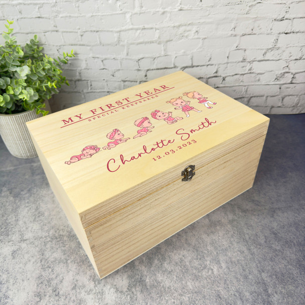 Pink Baby Girl My First Year Kids Personalised Wooden Keepsake Storage Box