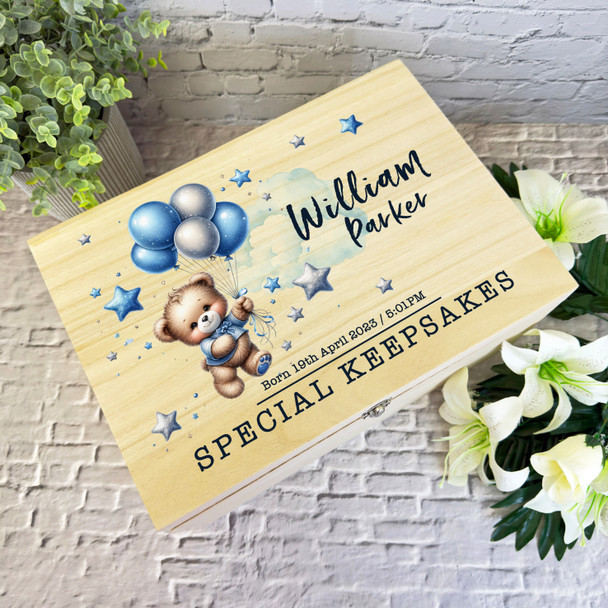 Blue Bear Stars Flying Teddy New Baby Boy Personalised Wooden Keepsake Box