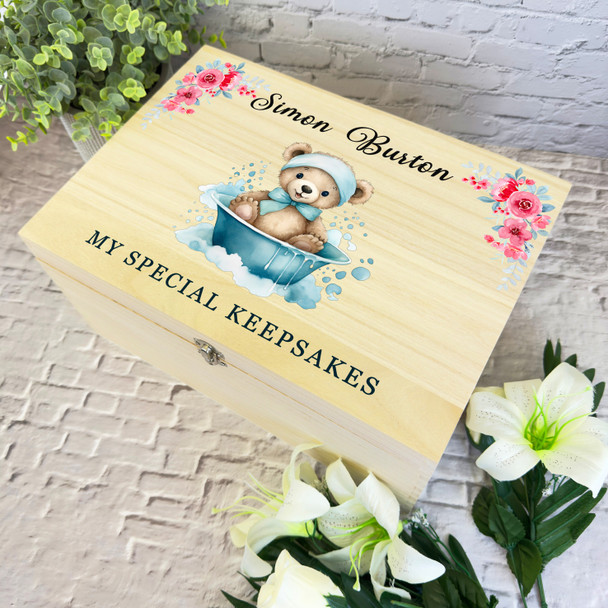 Blue Teddy Bear Bath Pink Floral New Baby Personalised Wooden Keepsake Box