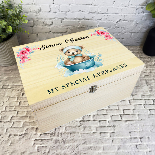 Blue Teddy Bear Bath Pink Floral New Baby Personalised Wooden Keepsake Box