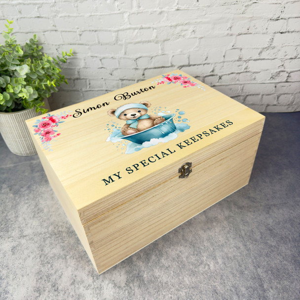 Blue Teddy Bear Bath Pink Floral New Baby Personalised Wooden Keepsake Box