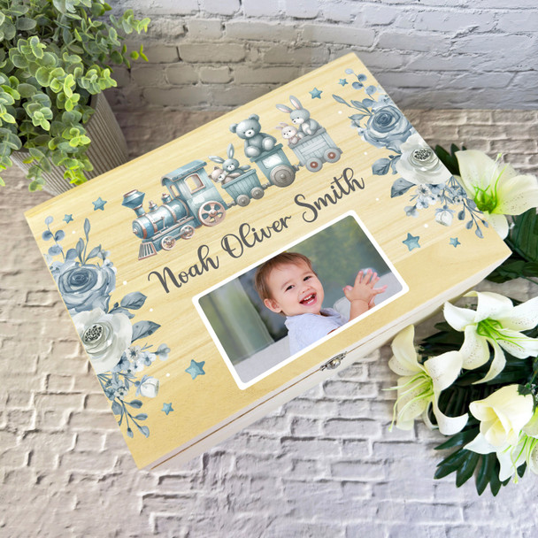 Blue Toy Train Flowers Photo New Baby Boy Personalised Wooden Keepsake Box