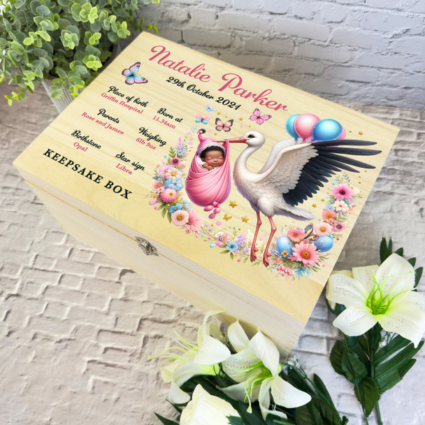 Floral Stork Pink Blue Dark Skin New Baby Personalised Wooden Keepsake Box