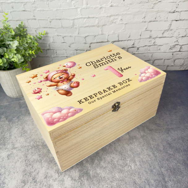 Happy Pink Teddy Bear First Year Memories Personalised Wooden Keepsake Box