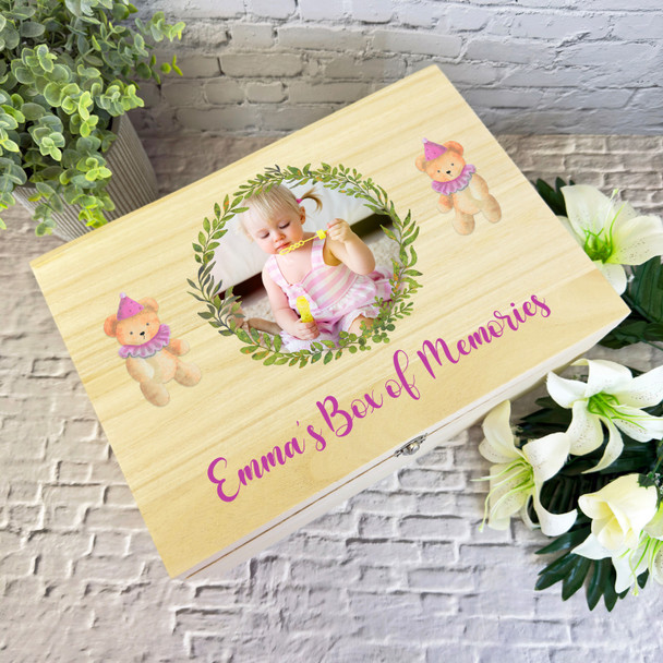 New Baby Girl Box Of Memories Photo Teddy Personalised Wooden Keepsake Box