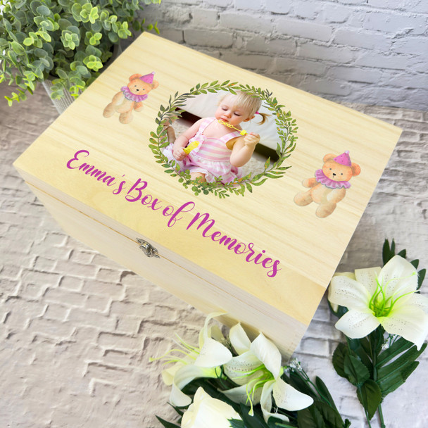 New Baby Girl Box Of Memories Photo Teddy Personalised Wooden Keepsake Box