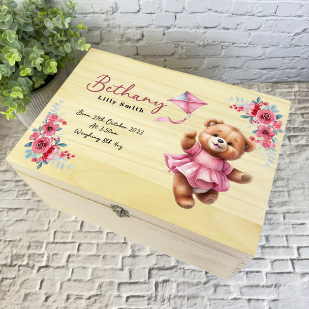 Pink Floral Teddy With Kite New Baby Girl Personalised Wooden Keepsake Box