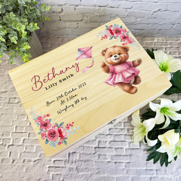 Pink Floral Teddy With Kite New Baby Girl Personalised Wooden Keepsake Box