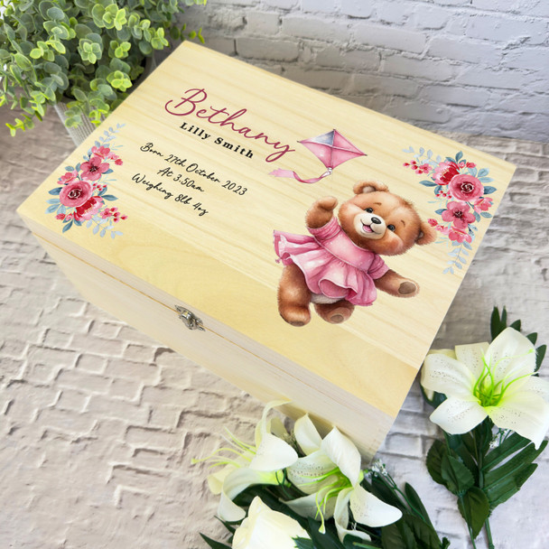 Pink Floral Teddy With Kite New Baby Girl Personalised Wooden Keepsake Box