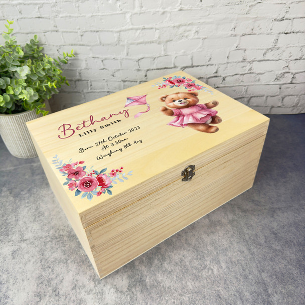 Pink Floral Teddy With Kite New Baby Girl Personalised Wooden Keepsake Box