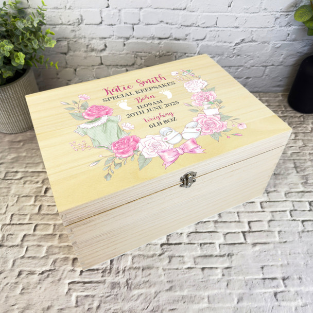 New Baby Girl Pink Flowers Personalised Storage Wooden Memory Keepsake Box