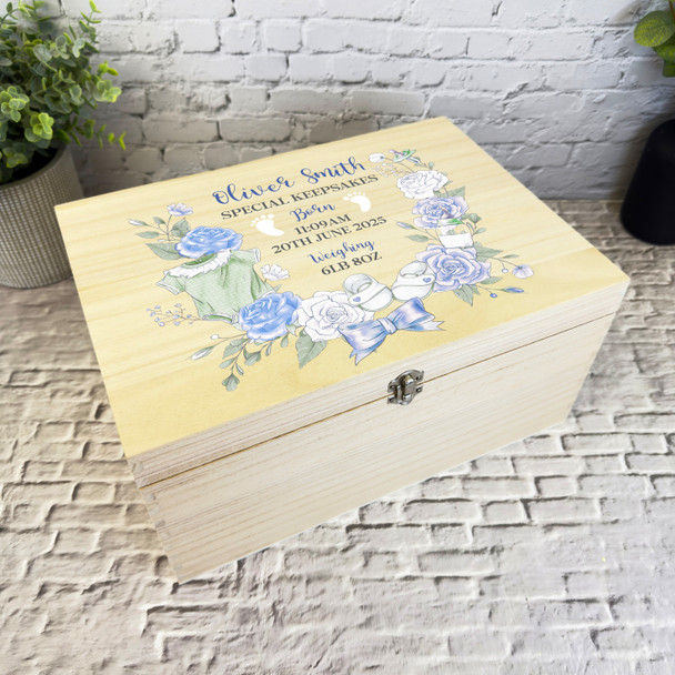 New Baby Boy Blue Floral Personalised Storage Wooden Memory Keepsake Box