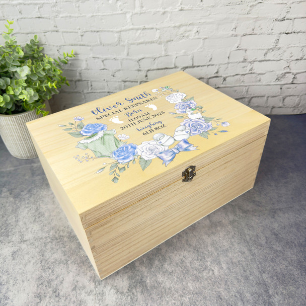 New Baby Boy Blue Floral Personalised Storage Wooden Memory Keepsake Box