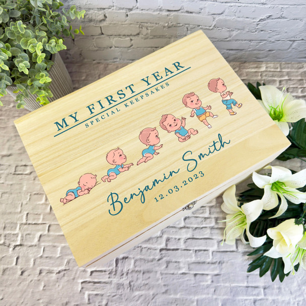 Blue Baby Boy First Year Kids Personalised Wooden Keepsake Storage Box