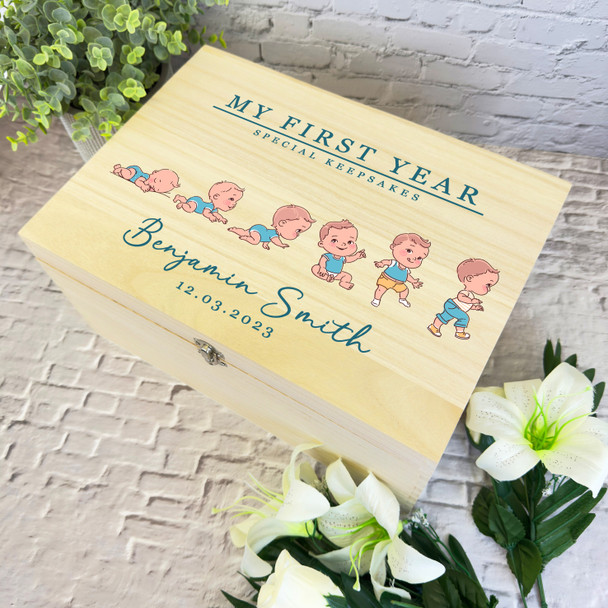 Blue Baby Boy First Year Kids Personalised Wooden Keepsake Storage Box