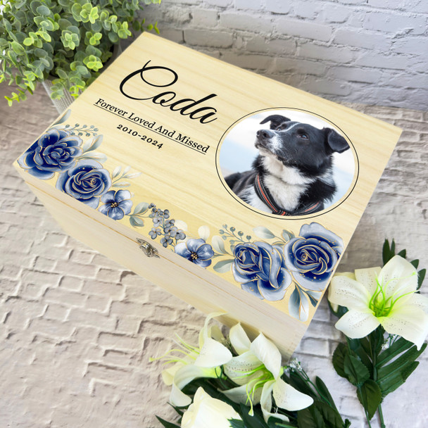 Blue Pet Dog Cat Horse Round Photo Pet Memorial Personalised Wooden Keepsake Box