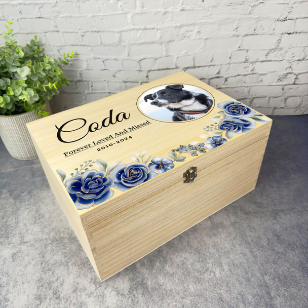 Blue Pet Dog Cat Horse Round Photo Pet Memorial Personalised Wooden Keepsake Box