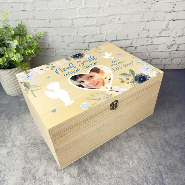 Child Loss Boy Little Angel Blue Photo Memorial Personalised Wooden Keepsake Box