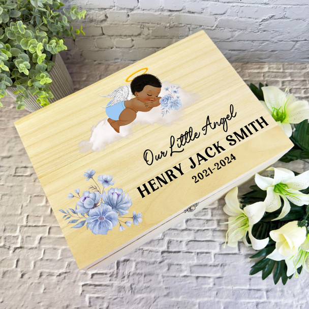 Dark Skin Baby Boy Sleep On Cloud Blue Memorial Personalised Wooden Keepsake Box