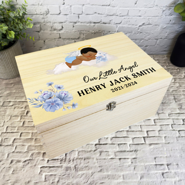 Dark Skin Baby Boy Sleep On Cloud Blue Memorial Personalised Wooden Keepsake Box