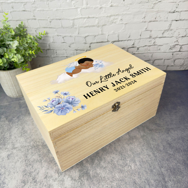 Dark Skin Baby Boy Sleep On Cloud Blue Memorial Personalised Wooden Keepsake Box