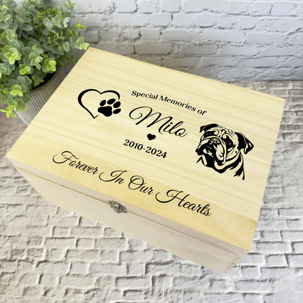 Heart Paw Print Bulldog Silhouette Pet Memorial Personalised Wooden Keepsake Box