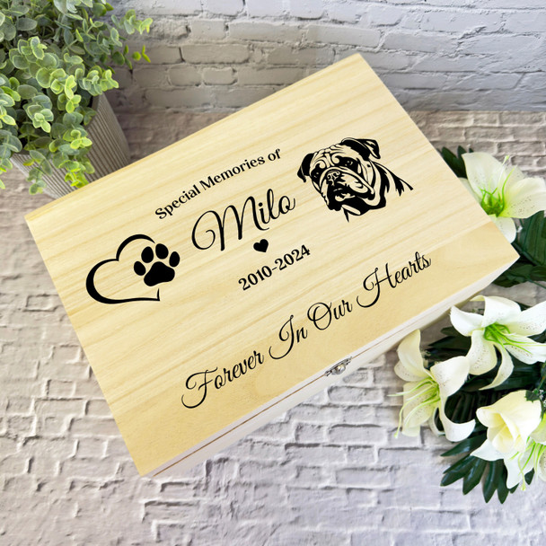 Heart Paw Print Bulldog Silhouette Pet Memorial Personalised Wooden Keepsake Box