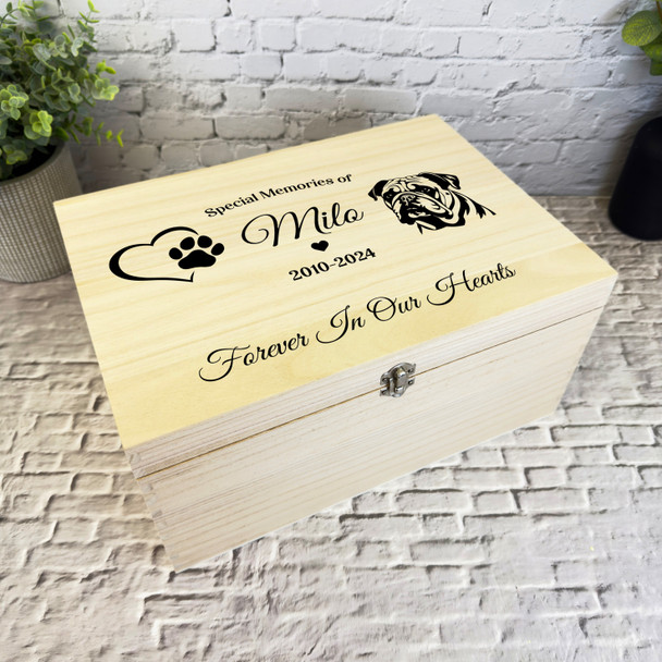 Heart Paw Print Bulldog Silhouette Pet Memorial Personalised Wooden Keepsake Box