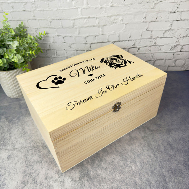 Heart Paw Print Bulldog Silhouette Pet Memorial Personalised Wooden Keepsake Box