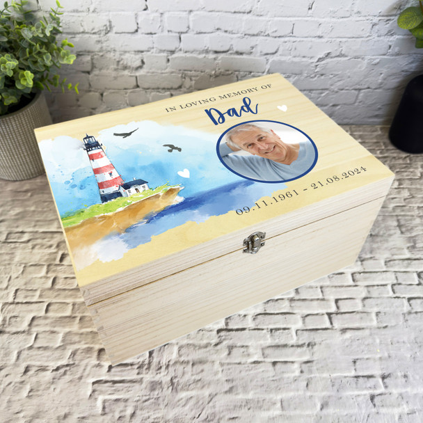 Loving Memory Dad Lighthouse Sea Photo Memorial Personalised Wooden Keepsake Box