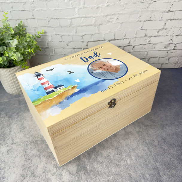 Loving Memory Dad Lighthouse Sea Photo Memorial Personalised Wooden Keepsake Box