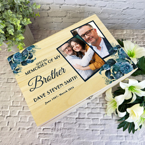 Memories Of Brother Blue Floral Photos Memorial Personalised Wooden Keepsake Box