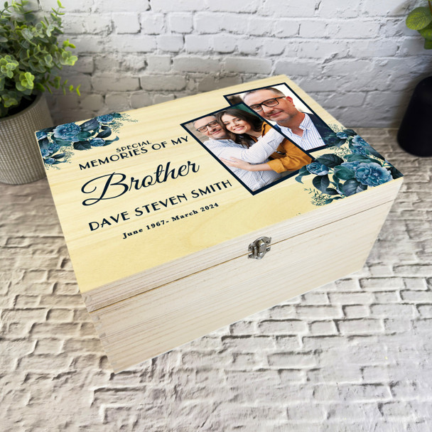 Memories Of Brother Blue Floral Photos Memorial Personalised Wooden Keepsake Box