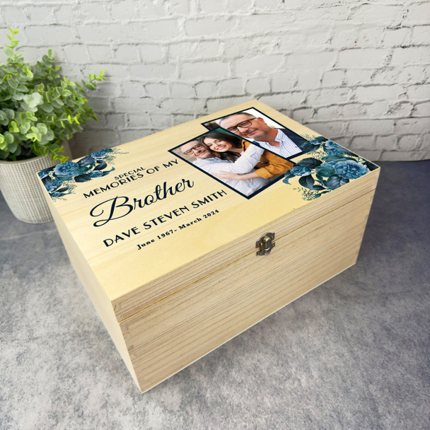 Memories Of Brother Blue Floral Photos Memorial Personalised Wooden Keepsake Box