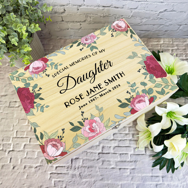 Memories Of Daughter Pink Floral Frame Memorial Personalised Wooden Keepsake Box