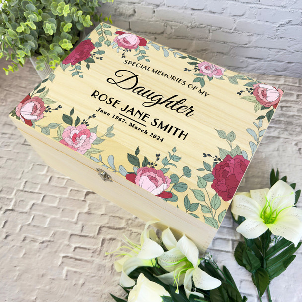 Memories Of Daughter Pink Floral Frame Memorial Personalised Wooden Keepsake Box