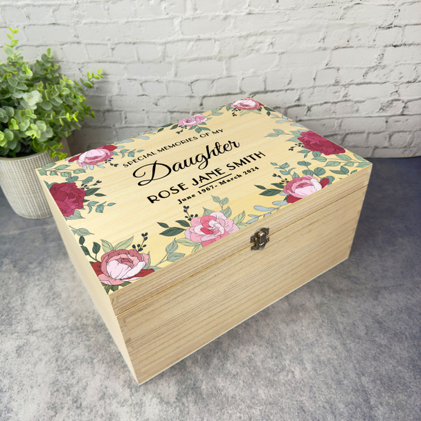 Memories Of Daughter Pink Floral Frame Memorial Personalised Wooden Keepsake Box