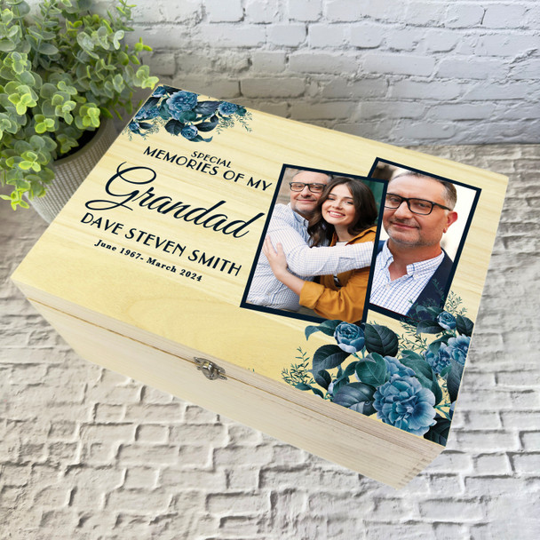 Memories Of Grandad Blue Floral Photos Memorial Personalised Wooden Keepsake Box