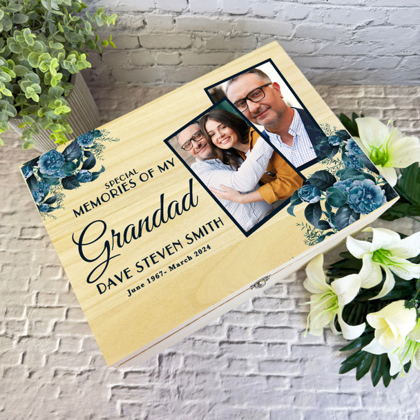 Memories Of Grandad Blue Floral Photos Memorial Personalised Wooden Keepsake Box