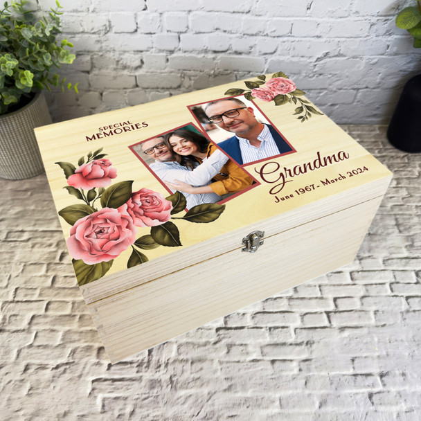 Memories Of Grandma Pink Floral Photos Memorial Personalised Wooden Keepsake Box