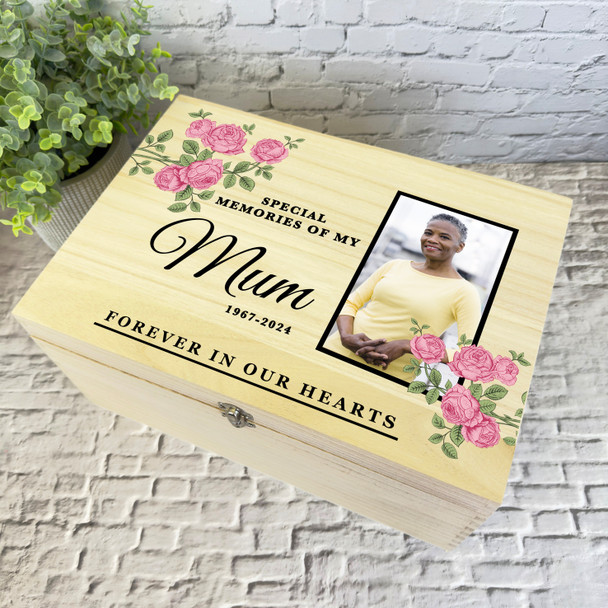 Memories Of Mum Pink Roses Photo Frame Memorial Personalised Wooden Keepsake Box