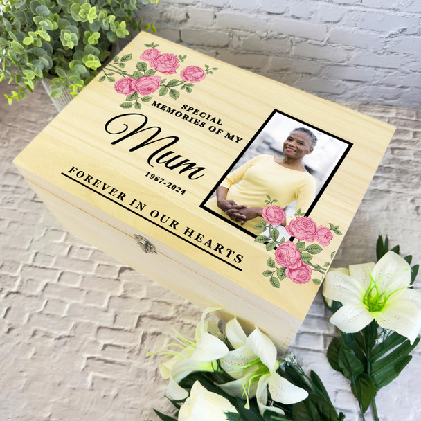 Memories Of Mum Pink Roses Photo Frame Memorial Personalised Wooden Keepsake Box