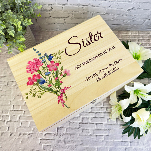 Memories Of You Sister Flowers Bouquet Memorial Personalised Wooden Keepsake Box