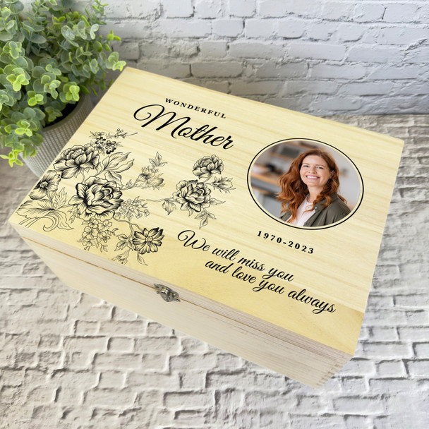 Mum Black Engraved Flowers Photo Frame Memorial Personalised Wooden Keepsake Box