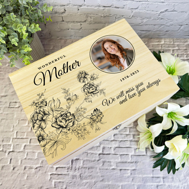 Mum Black Engraved Flowers Photo Frame Memorial Personalised Wooden Keepsake Box