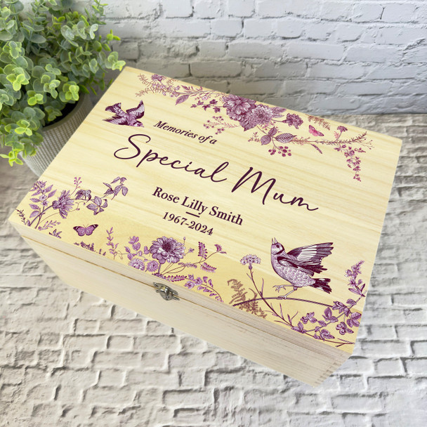 Pink Floral Birds Special Mum Memories Memorial Personalised Wooden Keepsake Box