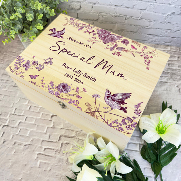 Pink Floral Birds Special Mum Memories Memorial Personalised Wooden Keepsake Box