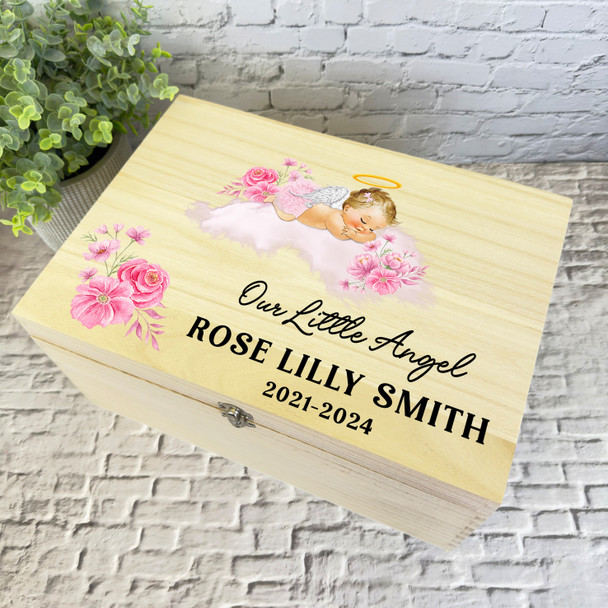 Pink Sleep Blonde Hair Baby Girl Wings Memorial Personalised Wooden Keepsake Box