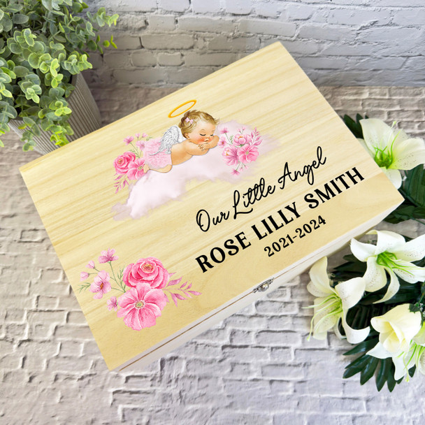 Pink Sleep Blonde Hair Baby Girl Wings Memorial Personalised Wooden Keepsake Box